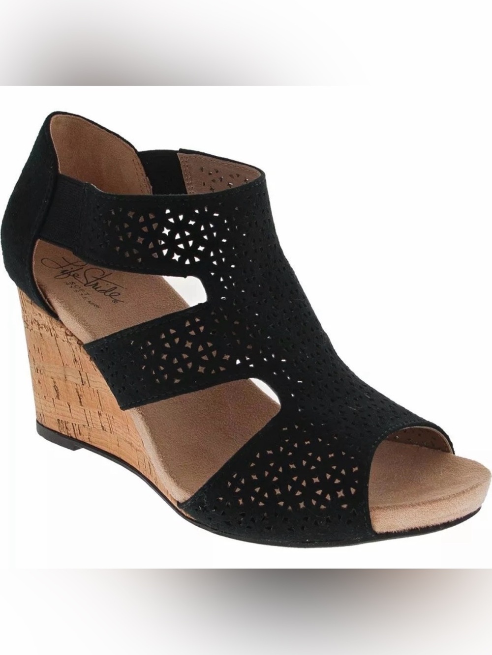 HEIDI LIFE STRIDE WEDGE SANDALS BLACK WOMENS 10 microsuede